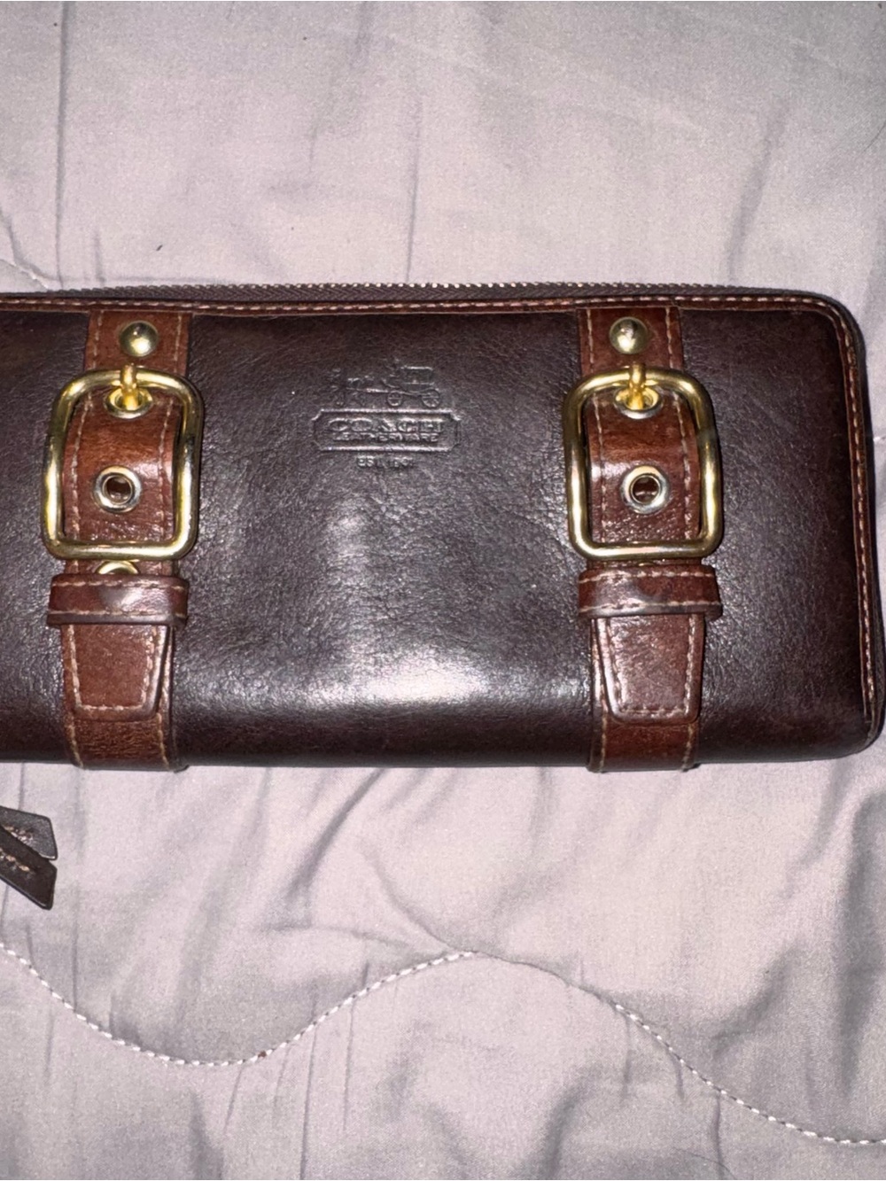 Coach Dark Brown Leather Zip Wallet with Buckle Straps